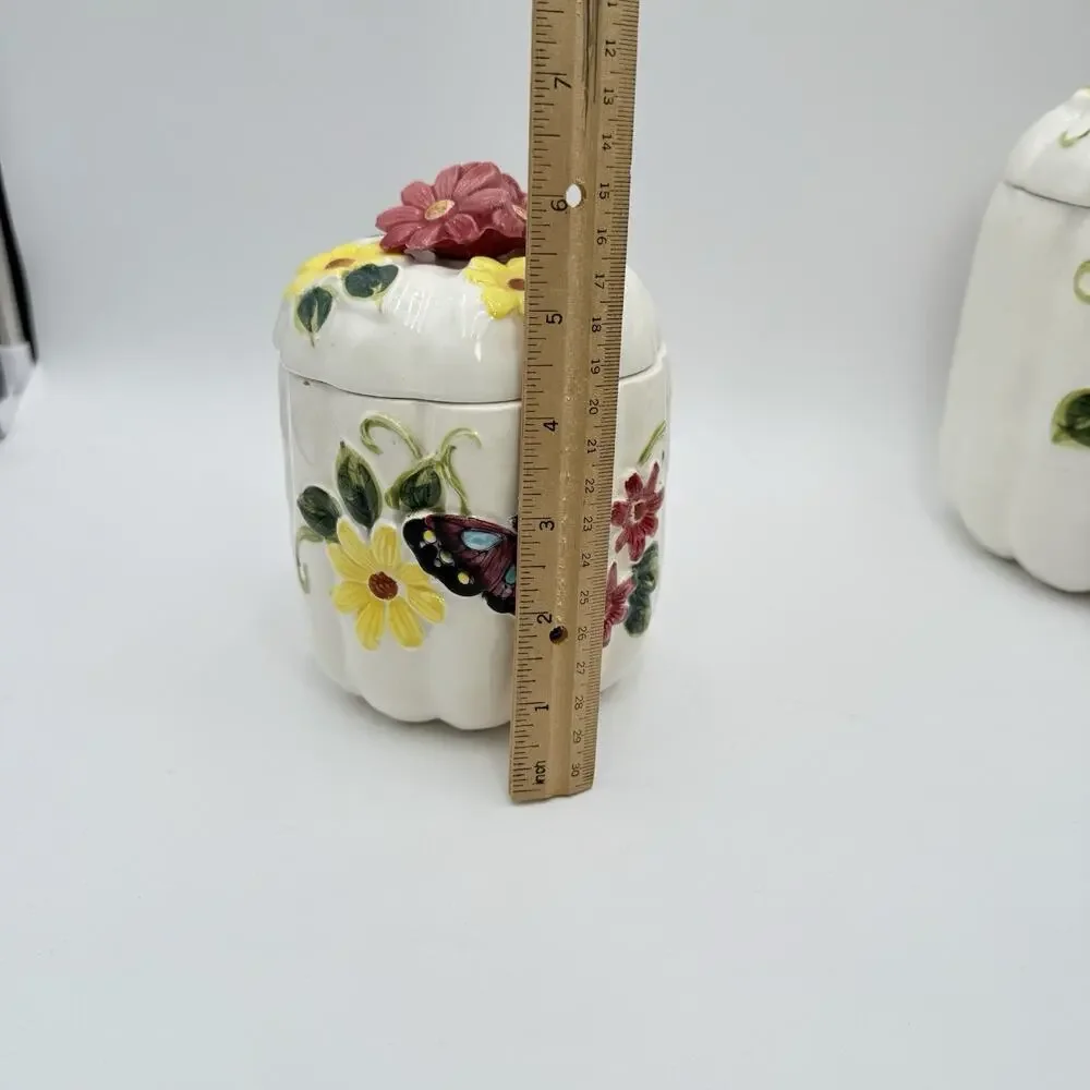 Butterfly Flower 3D White Pumpkin MCM Canister Set 1950s Cottagecore Floral VGC‎
